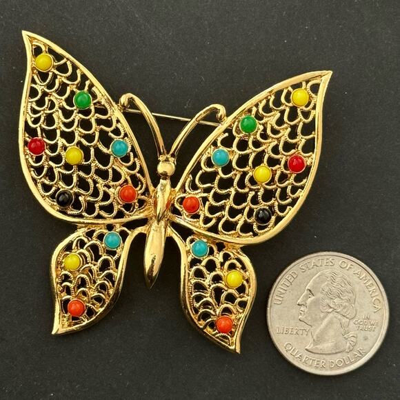 Vintage Jewelry - Vintage Butterfly Large Statement Brooch Gold Tone Unsigned Estate